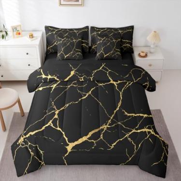 Imagem de Erosebridal Conjunto de cama King Simplicity com estampa de pedras, 7 peças, com estampa de pedra e pintura abstrata, cama de mármore em uma bolsa, moderno, textura dourada, para adolescentes, homens