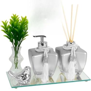 Imagem de Kit Banheiro Lavabo Frascos de Vidro Estrela 280ml Decoração Super Luxo C/Bandeja London(Degrade Prata Pássarinho)
