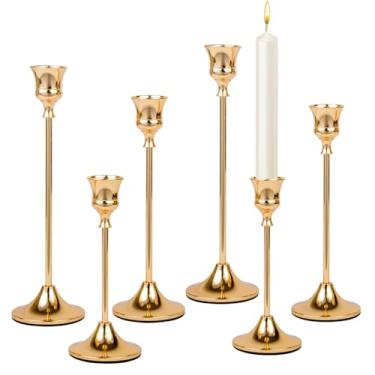 Imagem de Castiçal de latão dourado metal castiçal, conjunto de 6 peças centrais decorativas vintage candelabro alto suportes de vela para mesa de casamento inauguração de casa