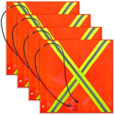 Imagem de DEAYOU Pacote com 4 bandeiras de segurança de 45,7 cm x 45,7 cm para caminhão, bandeiras de aviso de malha à prova de intempéries com ilhós e cordão elástico para barco, caça, bicicleta, reboque