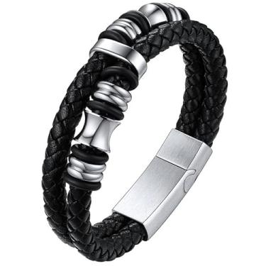 Imagem de ChainsHouse Pulseira de contas de couro masculina gravada inspiradora fecho magnético ajustável aço pulseira à prova d'água corda trançada, 19-21 cm de comprimento (com caixa de presente), Couro