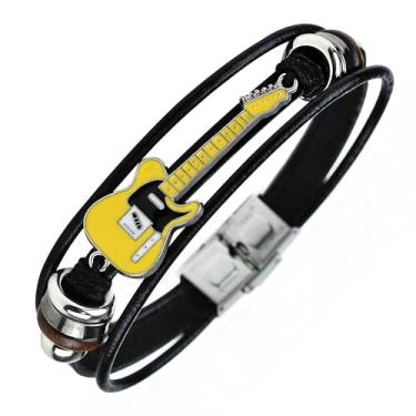 Imagem de ROJEMXVE Pulseira de couro de guitarra retrô para homens e mulheres, exclusivo com contas trançadas, feitas à mão, étnico, tribal, multicamadas, em formato de música, punk, rock, joias e presentes