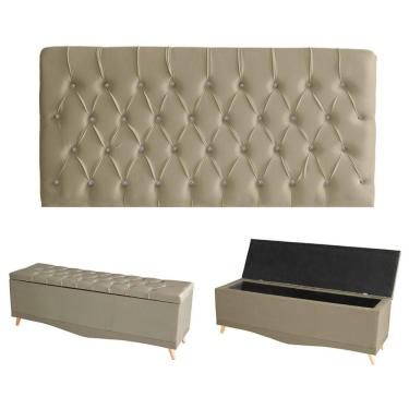 Imagem de Kit Estrela Cabeceira De Cama Painel E Calçadeira Baú Botão Cristal Queen 160 Cm Suede Bege Do Lar Móveis E Decoração