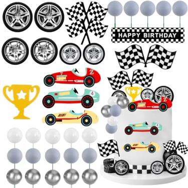 Imagem de MEMOVAN Racing Wheel Cake Topper 35PCS Race Car Cake Toppers Tyre Cake Decorations Checkered Flag Car Cake Cupcake Decoration with Balls for Man Boy Kid Racing Car Theme Birthday Supplies