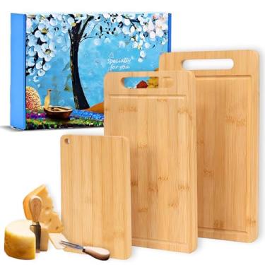 Imagem de Tábua de corte de bambu de 3 peças com conjunto de 4 facas de queijo; 3 tamanhos variados de pratos de madeira e tábuas de charcutaria