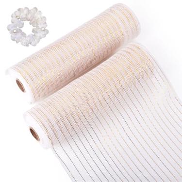Imagem de KISSITTY Fitas de malha decorativas, 26 cm de largura, folha metálica, bege, fita artesanal, 2 rolos para grinalda DIY, casamento, Natal, Ação de Graças, decoração de festa em casa, enfeites