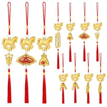 Imagem de Geosar Enfeite de cavalo de ano novo chinês de 2026 com borla vermelha, nó chinês Feng Shui, decorações para Ano Novo Lunar, riqueza, boa sorte (12 peças, abaco de riqueza de cavalo)