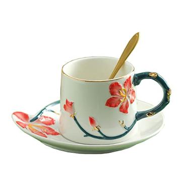 Imagem de Xícaras de chá e pires, conjunto de xícaras de chá e pires florais para mulheres (227 g), conjunto de xícara de café, xícaras de chá britânicas de porcelana esmaltada, conjunto de xícaras de café com