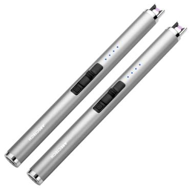 Imagem de ARECTECH Isqueiro de vela elétrico recarregável, arco plasma, à prova de vento, para velas, cozinha, presente de aniversário para mãe, homens, esposa, com cabo tipo C, prata, pacote com 2