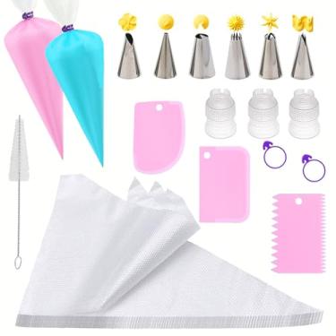 Imagem de Conjunto de 40 sacos de confeitar e pontas, kit de decoração de bolo para assar com sacos e pontas de confeitaria descartáveis, anéis de silicone, conversores, ferramentas de decoração de bolos para