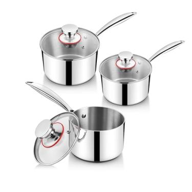 Imagem de Conjunto de 6 panelas de aço inoxidável Homikit de 1 litro e 2 litros e 3 QT 18/10 com tampas, antiaderente com fundo triplo compatível com indução de panela de cozinha, conjunto de panelas de cozinha