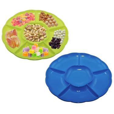 Imagem de CAOXIAOXUYAO Bandejas redondas de plástico de 30,5 cm com 2 unidades, 6 pratos secionais para servir pratos de alimentos para doces, nozes, vegetais, frutas, ação de graças (2, Dark Biue, verde maçã)
