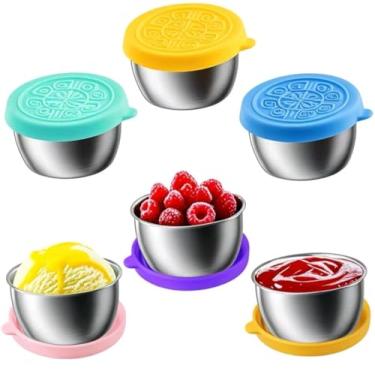 Imagem de 6 peças de copos de condimento de aço inoxidável de 47 g com tampas à prova de vazamento - Perfeito para saladas, molhos e molhos. Design portátil ideal para piqueniques, viagens e preparação de