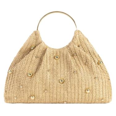 Imagem de Bolsa feminina elegante de palha 2025 com alça de metal com contas, Caqui