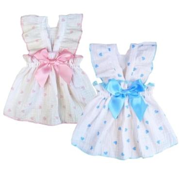 Imagem de 2 peças de vestidos de verão para cães com estampa de coração, roupas femininas para cães pequenos, adornos com babados, decoração de laço, roupa de gato, vestido de animal de estimação para chihuahua