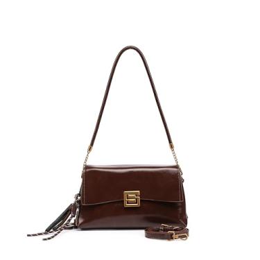 Imagem de RTPRTP Bolsa de ombro feminina de poliuretano com decoração de borla estilo retrô, bolsa transversal, alça de ombro destacável, carteira marrom, Caramel, Small, Bolsa quadrada pequena transversal