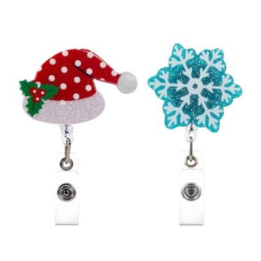 Imagem de Lindo chapéu de Papai Noel + carretel exclusivo de crachá de flocos de neve, carretéis de crachá de Natal retráteis com clipe jacaré, suporte de identificação para enfermeira, estudante de enfermagem