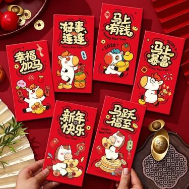 Imagem de 6 peças/conjunto, envelope vermelho para festa de ano novo, desenho animado, pônei, 2026, festival, primavera, envelope vermelho, 19,5 x 8,8 cm