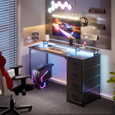 Imagem de MINOSYS Mesa de computador de 119 cm com 4 gavetas, luz LED e estação de carregamento, mesa de escritório doméstico com prateleira de armazenamento, preta.