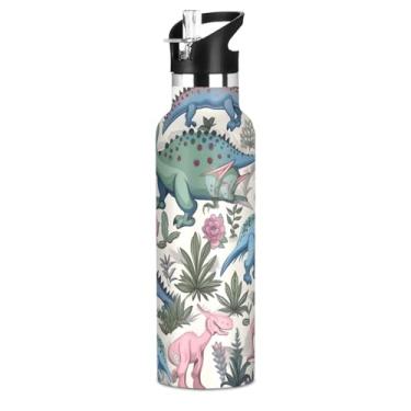 Imagem de Blueangle Garrafa de água de 590 ml com canudo - Garrafa de água esportiva de aço inoxidável sem BPA, design colorido à prova de vazamento de dinossauro para academia, atividades ao ar livre