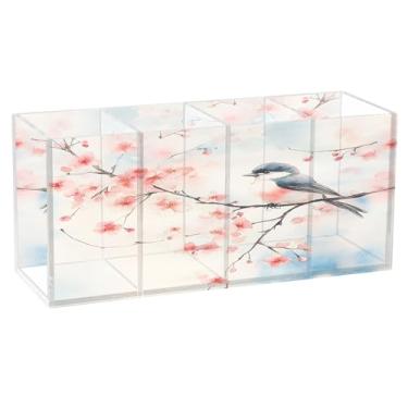 Imagem de SEHANY Lindo porta-canetas de acrílico com flores em aquarela, pássaro, 4 compartimentos, porta-lápis transparente, organizador de pincéis de maquiagem, organizador de papelaria para escritório, casa