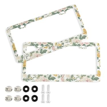 Imagem de SEHANY Molduras de placa de licença de flores florais coloridas, capas de moldura de placa de carro de alumínio à prova de ferrugem com orifícios elípticos e parafusos serve para veículos padrão dos