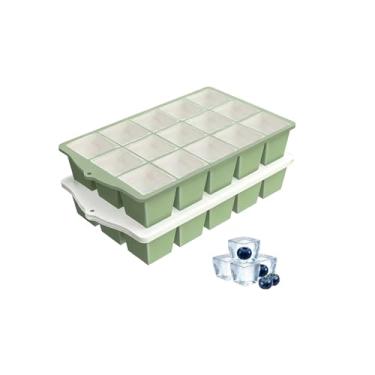 Imagem de Bandejas de gelo para freezer, 2 unidades de bandeja de gelo slicone de liberação fácil com tampa, moldes de gelo flexíveis empilháveis sem BPA, 15 cubos de gelo quadrados reutilizáveis para uísque
