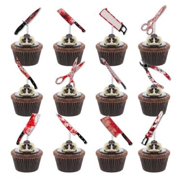 Imagem de 24 peças de enfeite de cupcake de faca sangrenta de Halloween, artigos de festa com tema de filme de terror, palhetas de sobremesa de arma assustadora para decorações de Halloween para adultos