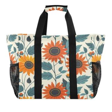 Imagem de Wassud Sacolas de compras reutilizáveis de girassol laranja grande bolsa organizadora de lona impermeável para praia, piquenique, lavanderia, viagem