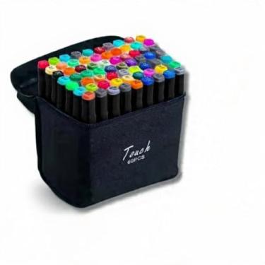 Imagem de Kit 60 Canetinhas Marcador Coloridas - Ponta Dupla - Com Estojo - Use para Colorir Desenhos e Papel com Versatilidade em Detalhes