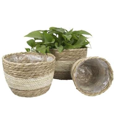 Imagem de Serlife 3 cestas de plantas internas com forro de plástico, jacinto de água, porta-cestas de flores, forros para decoração de casa (cinza e branco)