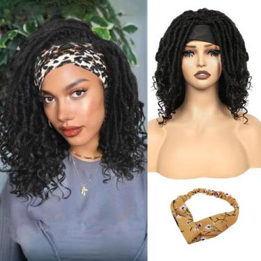 Imagem de Peruca QUEENTAS 16", faixa de cabeça trançada Bob Dreads, preta natura