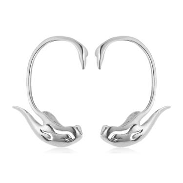 Imagem de HZMAN Brincos de orelha de cisne de aço inoxidável para mulheres, não perfurantes, brincos de 4,3 cm com clipe de tamanho médio, joia hipoalergênica moderna com pingente de orelha com design elegante