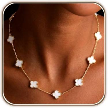 Imagem de Billet-doux Colar de trevo branco banhado a ouro 18K para mulheres - Colar com 10 motivos de trevo branco e dourado, joias modernas ajustáveis para presentes