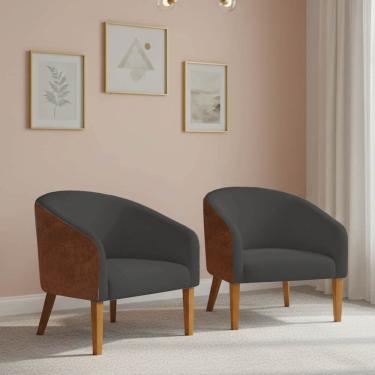 Imagem de Poltrona Sala Kit 2 Stella Pé Madeira Trapézio Sintético PU Nozes Bouclê Grafite D03 - D'Rossi