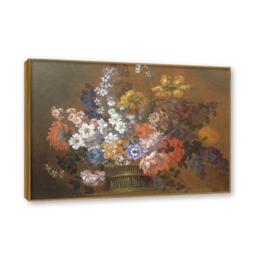 Imagem de NHLDZYH Moldura de madeira de teca. Flores clássicas natureza morta pintura em tela retro buquê de flores pinturas estilo country decoração de parede para cozinha e sala de estar. A42. 70 x 98 cm