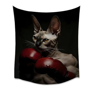 Imagem de Sphynx Luvas de Boxe Gato Tapeçaria Engraçada de Lutador Pendurado na Parede Retrato de Animal de Estimação Dramático Decoração de Fundo Escuro para Quarto Dormitório Sala de Estar Ginásio Escritório