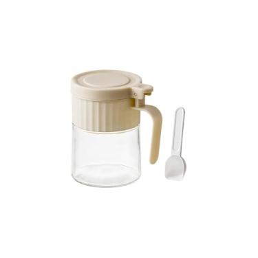 Imagem de Top Chef Porta Condimentos Redondo de Vidro com Colher, 280ml, Transparente com Tampa Bege, Hermético, 11cm Altura x 7,5cm Diâmetro