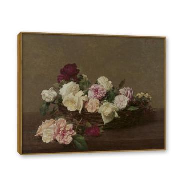 Imagem de Moldura de teca. Arte em tela floral country, pintura botânica vintage de natureza morta, decoração de parede de cozinha de fazenda emoldurada para sala de jantar. A13. 60 x 72 cm - 23,6 x 28,3 pol