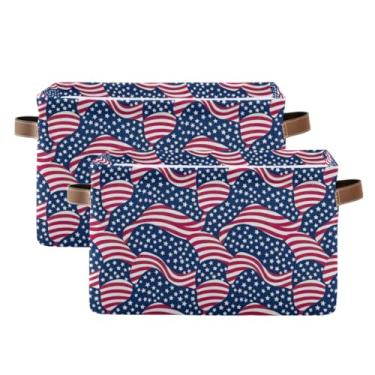 Imagem de Organizador de armário dobrável de lona – Cestas de armazenamento decorativas retangulares de tecido para banheiro, roupas, bandeira dos EUA, azul, branco, vermelho, pacote com 2