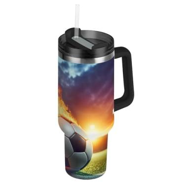 Imagem de Joisal Copo de 1,134 g com alça de aço inoxidável com tampas e canudos, impressão, garrafa de água isolada, copo para fogo de futebol quente e frio