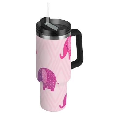 Imagem de Joisal Copos com tampas e canudo fofo rosa roxo elefante copo com alça 1,134 g garrafas de água à prova de derramamento garrafa de água de aço inoxidável isolada cabe no copo do carro