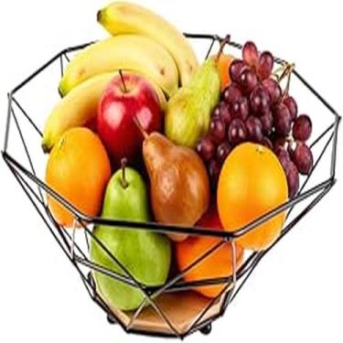 Imagem de Fruteira de Mesa Diamond Preta com Base em Madeira Cesta Aramada em Aço Carbono Design Geométrico Moderno e Minimalista para Frutas, Legumes e Decoração da Cozinha, 26cm