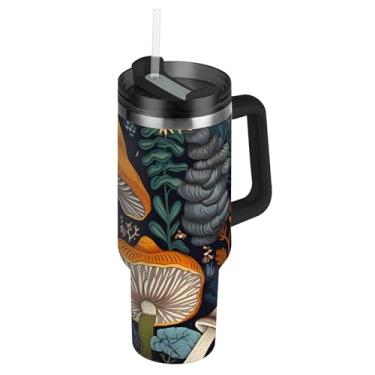 Imagem de Copos de impressão de cogumelos da floresta misteriosos com tampas e canudo grande copo de 1,134 g com alça garrafa de água isolada garrafa de água de aço inoxidável para copo de carro