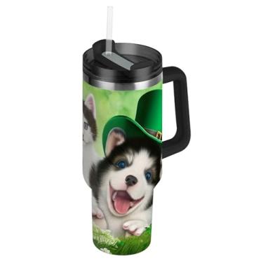 Imagem de Copo de Dia de São Patrício com tampa e canudos Rosa de 850 g com alça garrafa de água isolada de aço inoxidável caneca de café quente para carro