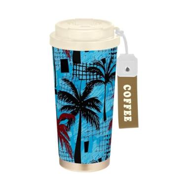 Imagem de TSENQUE Caneca de café de viagem de 473 ml com tampa de canudo e filp, copo de parede dupla isolado a vácuo com revestimento cerâmico, preto tropical, marrom, palmeiras, azul