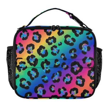 Imagem de Joisal Lancheira preta arrojada com manchas de leopardo arco-íris para mulheres, meninas, lancheira masculina e infantil, lancheira para trabalho, bolsa térmica para alimentos portátil para escola