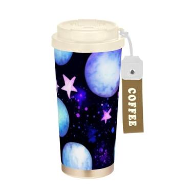 Imagem de TSENQUE Copo de café de 473 ml com tampa de canudo e filp, copo de parede dupla isolado a vácuo com revestimento cerâmico, planetas azuis pretos, estrelas, espaço