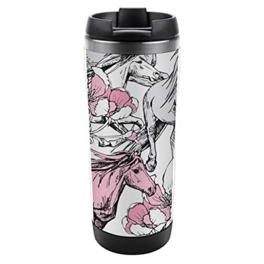 Imagem de Garrafa de água de aço inoxidável com desenho sem costura, rosa e branco, cavalos de corrida, flores de cerejeira, parede dupla, 368 g, caneca de viagem isolada quente e fria à prova de vazamento