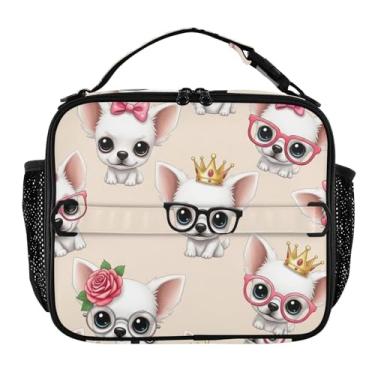 Imagem de Joisal Lancheira personalizada para cães chihuahua brancos para mulheres meninas lancheira alça de ombro ajustável masculina crianças lancheira para trabalho bolsa isolada floral